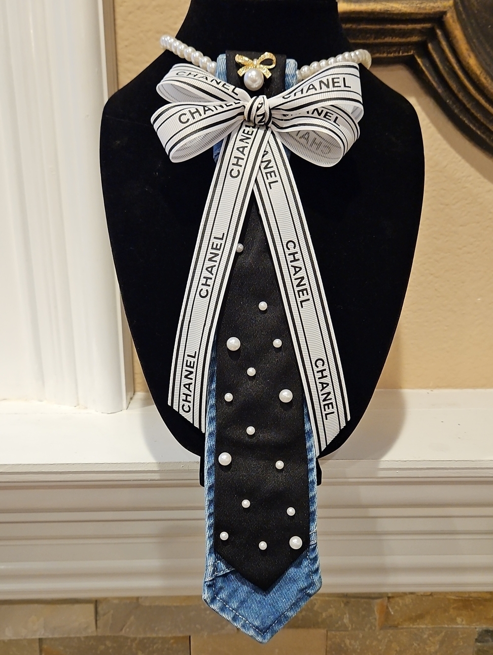 Inspired Black & White Ribbon Bow on a Black Tie w/Pearls on a Denim Necktie